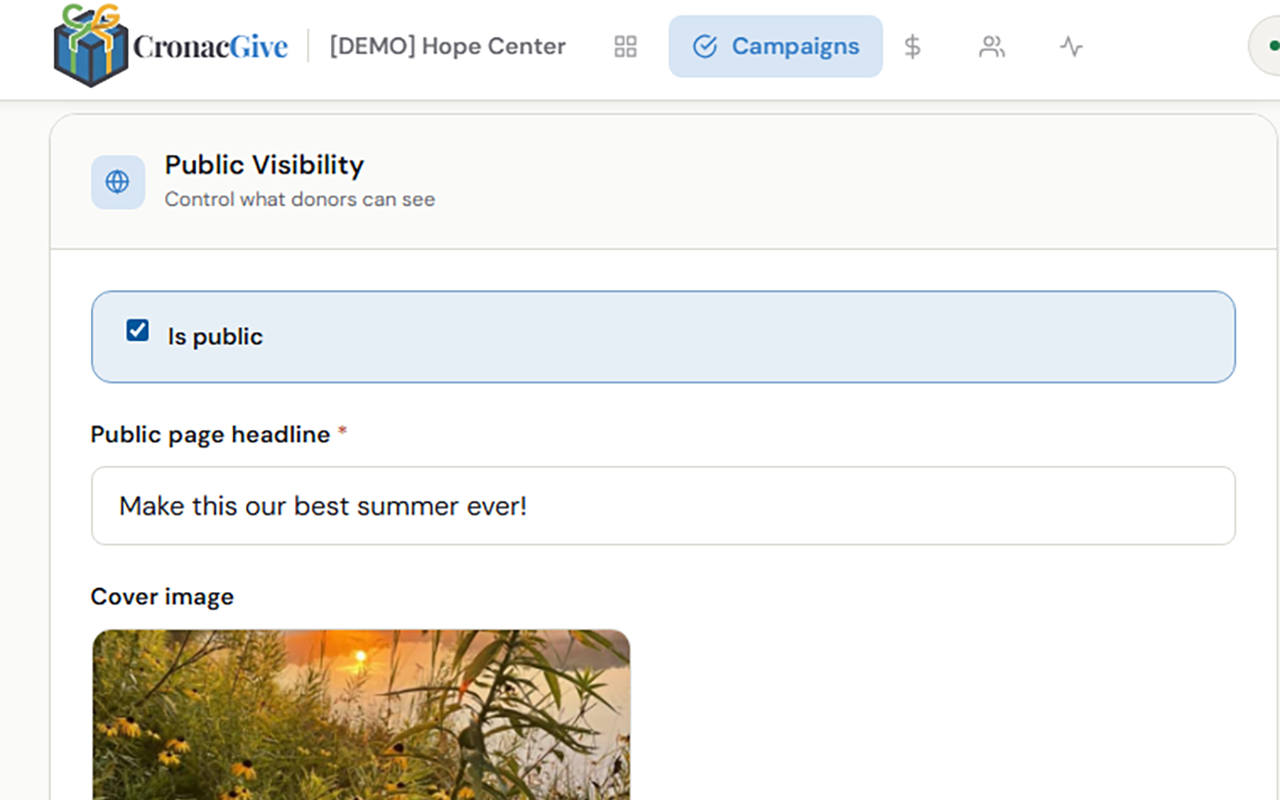 Cronac Give campaign editor showing a campaign with title, goal amount, progress bar, and description fields