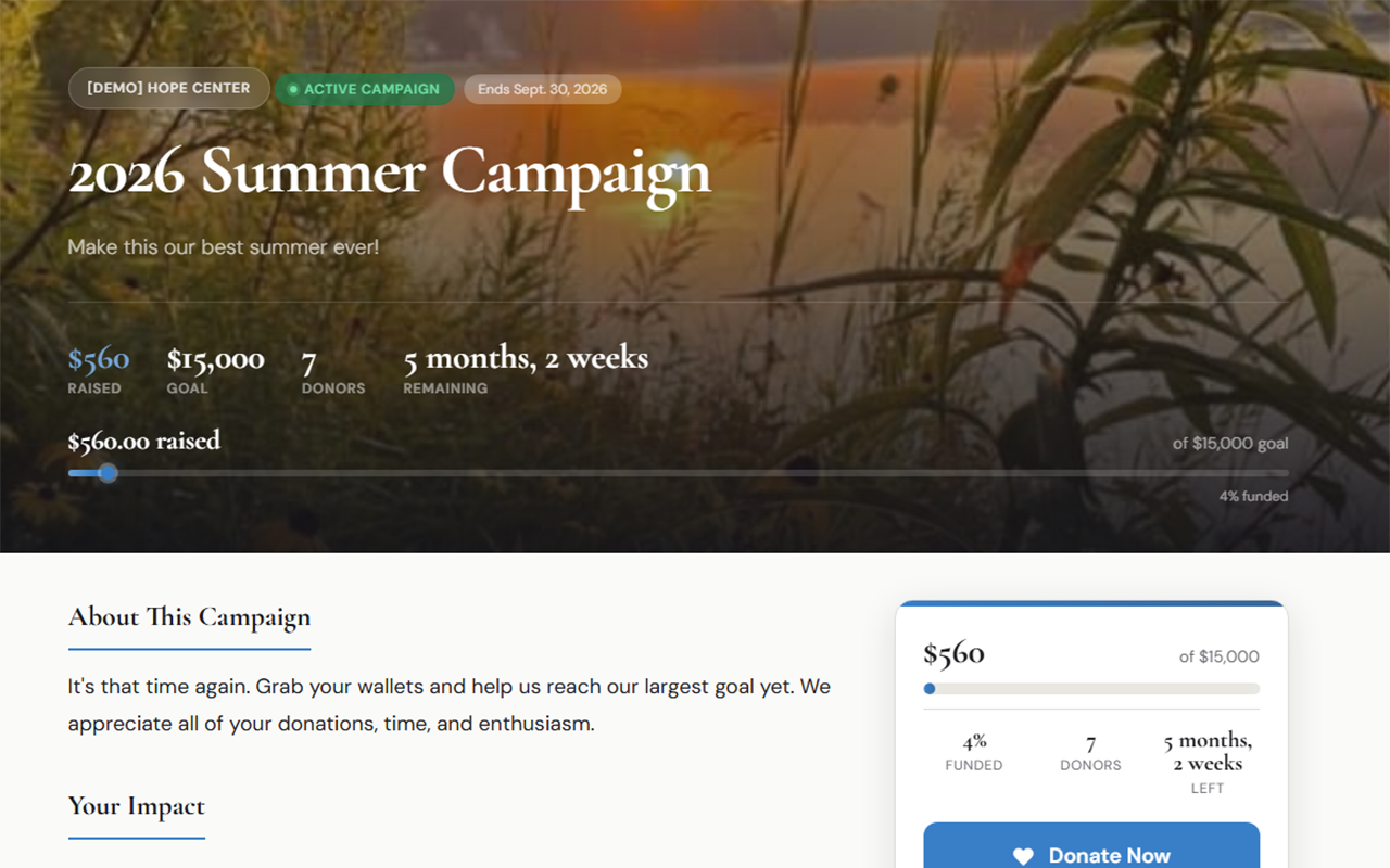 A public Cronac Give donation page showing a campaign goal, one-time and monthly giving options, and a donation amount selector