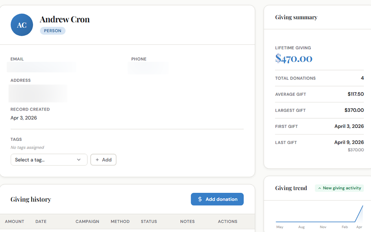 Cronac Give donor profile page showing giving history, notes, tags, and interaction timeline for a donor